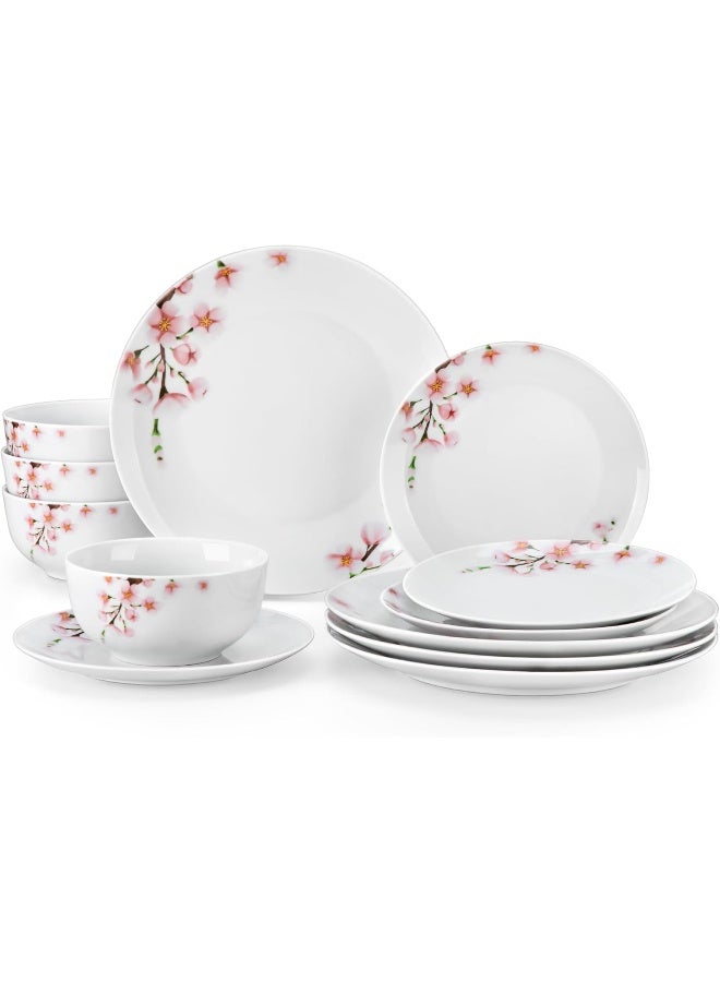 VEWEET Porcelain Dinnerware Sets for 4 12 Pieces Plates and Bowls Set with Pink Floral Kitchen Dishes Set Dining Ware for Family Microwave and Dishwasher Safe Series ANNIE - Image 1