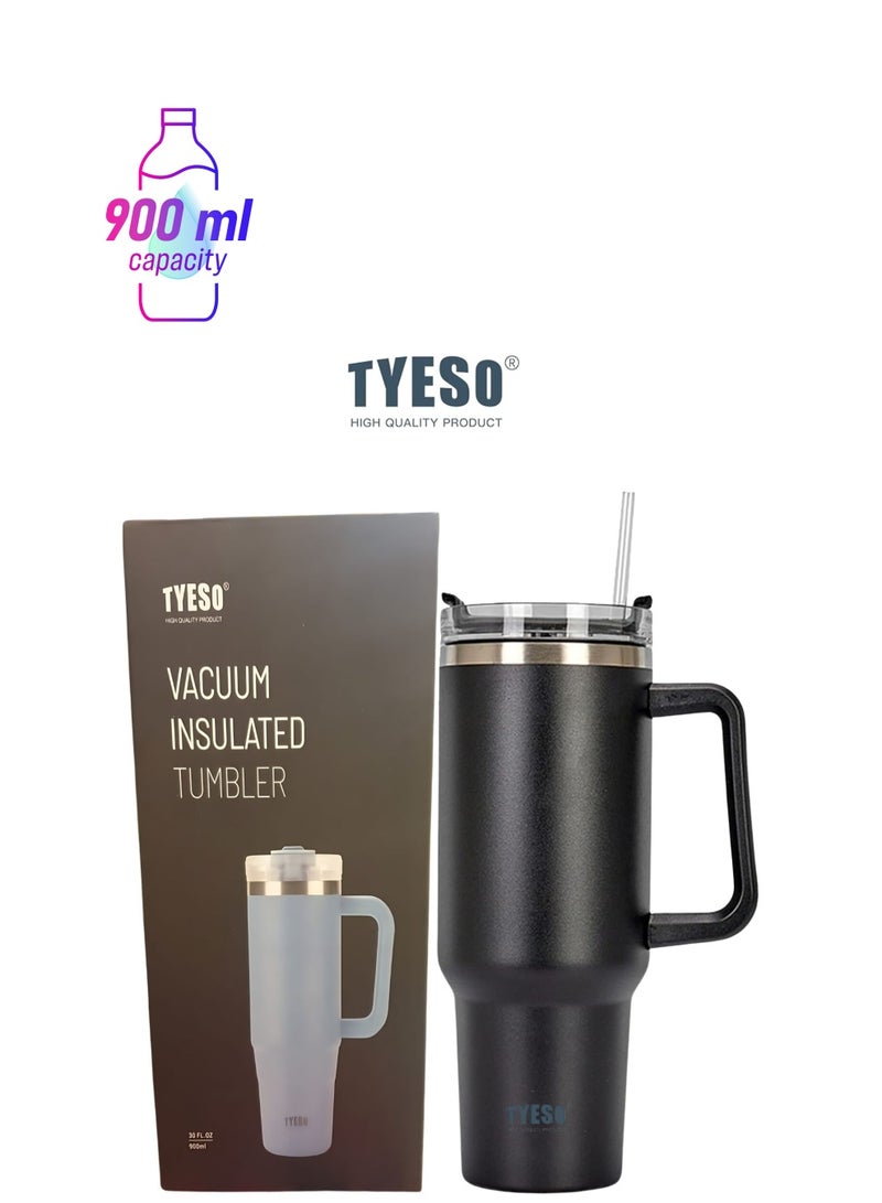 Tyeso 30 oz Tumbler with Handle, Straw and Lid - Leak Resistant Insulated Stainless Steel Water Bottle, Car Cup Holder Friendly Travel Coffee Mug (Black) - Image 1