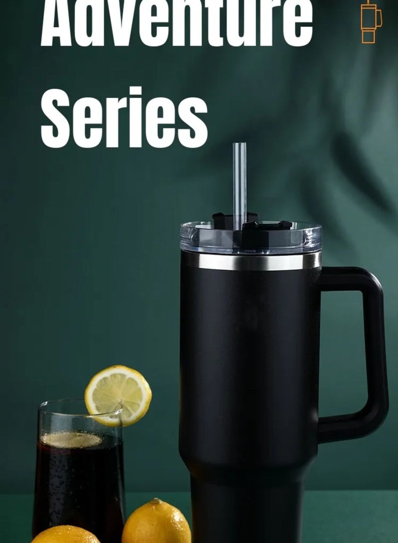 Tyeso 30 oz Tumbler with Handle, Straw and Lid - Leak Resistant Insulated Stainless Steel Water Bottle, Car Cup Holder Friendly Travel Coffee Mug (Black) - Image 2