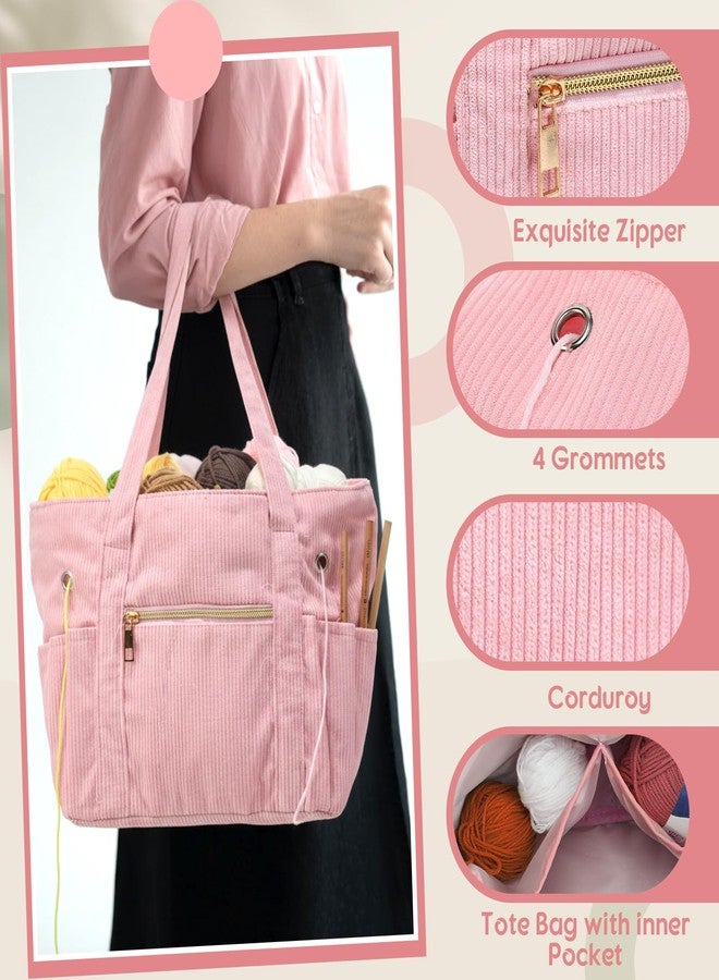 Bulyoou 2 Pcs Crochet Bag and Tote Set Corduroy Yarn Bag for Hooks Organizer Yarn Holder for Crochet Lovers Knitting Accessories(Pink) - Image 4