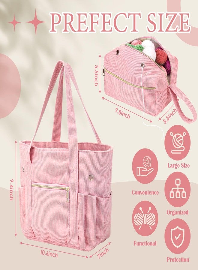 Bulyoou 2 Pcs Crochet Bag and Tote Set Corduroy Yarn Bag for Hooks Organizer Yarn Holder for Crochet Lovers Knitting Accessories(Pink) - Image 2