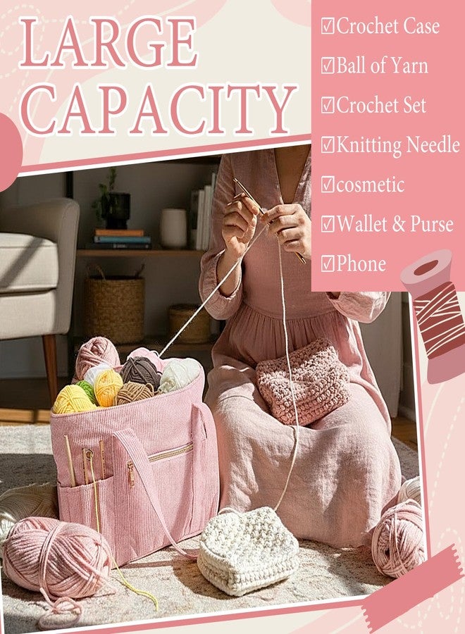 Bulyoou 2 Pcs Crochet Bag and Tote Set Corduroy Yarn Bag for Hooks Organizer Yarn Holder for Crochet Lovers Knitting Accessories(Pink) - Image 3