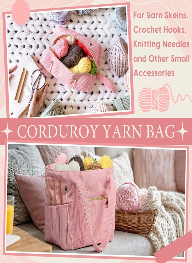 Bulyoou 2 Pcs Crochet Bag and Tote Set Corduroy Yarn Bag for Hooks Organizer Yarn Holder for Crochet Lovers Knitting Accessories(Pink) - Image 5