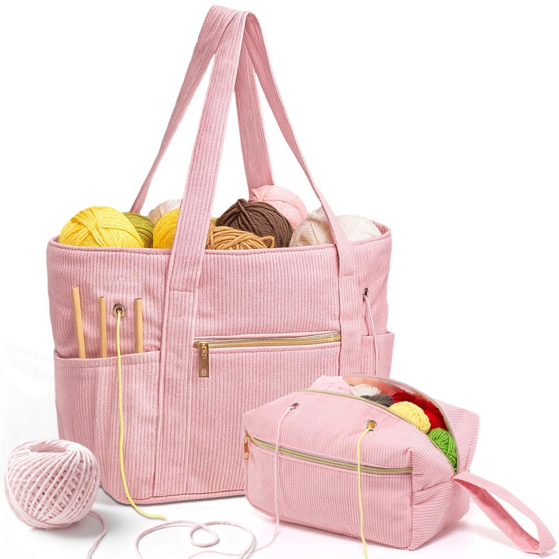 Bulyoou 2 Pcs Crochet Bag and Tote Set Corduroy Yarn Bag for Hooks Organizer Yarn Holder for Crochet Lovers Knitting Accessories(Pink) - Image 1