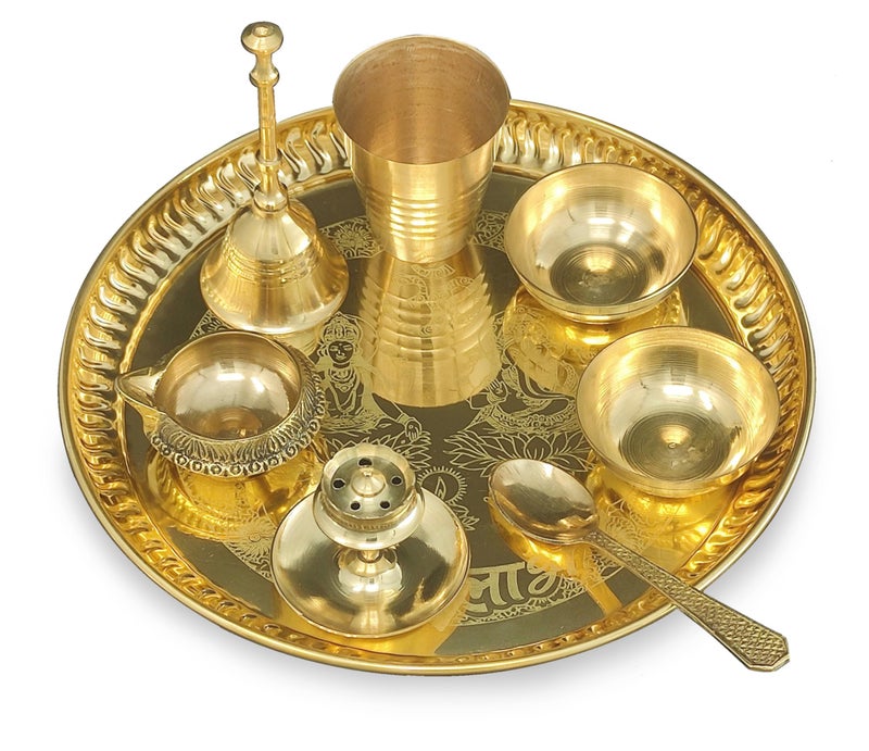BENGALEN Brass Pooja thali Set 8 Inch with Pital Plate Glass Spoon Ghanti Bowl Agarbatti Stand Kuber Diya Puja Thali for Diwali Home Mandir Office Wedding Return Gift Items
