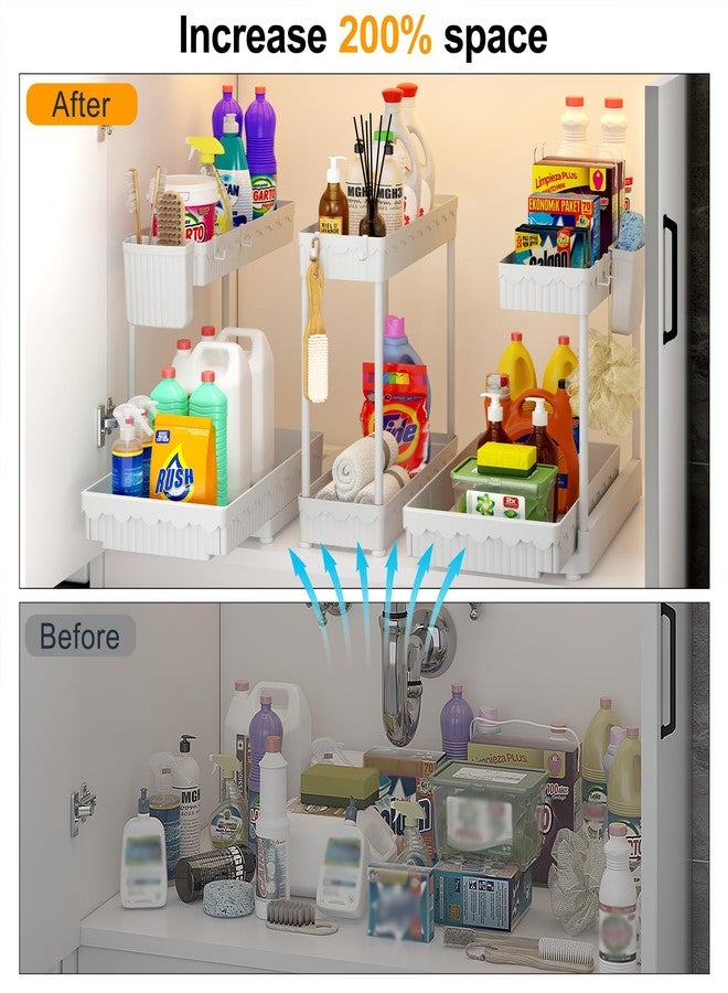 Sevenblue 3 Pack Under Sink Organizers and Storage L-Shaped, 2 Tier Sliding Bathroom Organizers with Hooks Hanging Cup, Multi-purpose Cabinet Organizers for Kitchen Bathroom, White - Image 2