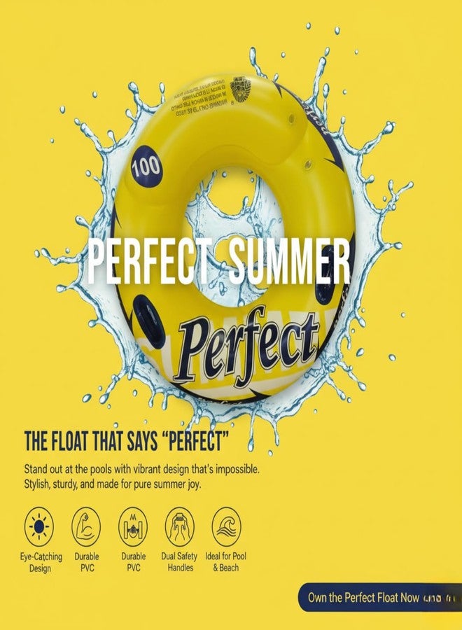 ARIDAM New Inflatable Swim Ring Pool Float 90CM with Two Handles - Yellow “Perfect” Design, Heavy-Duty PVC Water Float Tube for Adults & Kids, Beach, Pool & Summer Fun - Image 5