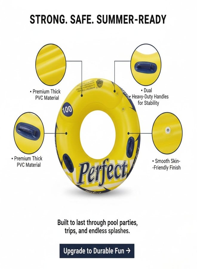 ARIDAM New Inflatable Swim Ring Pool Float 90CM with Two Handles - Yellow “Perfect” Design, Heavy-Duty PVC Water Float Tube for Adults & Kids, Beach, Pool & Summer Fun - Image 3