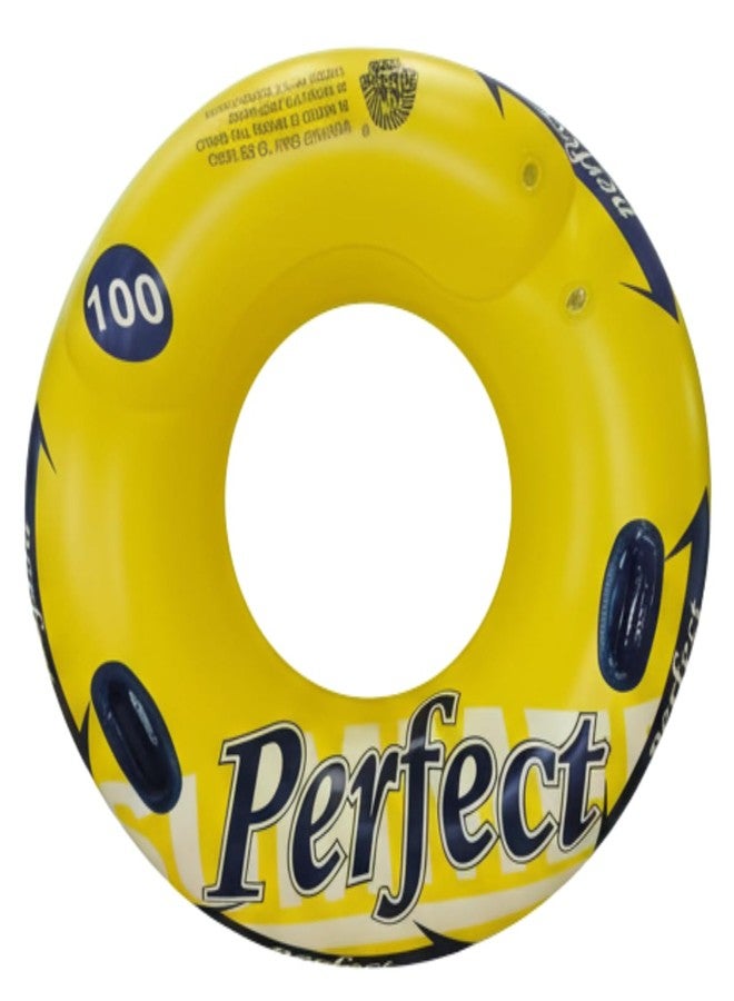 ARIDAM New Inflatable Swim Ring Pool Float 90CM with Two Handles - Yellow “Perfect” Design, Heavy-Duty PVC Water Float Tube for Adults & Kids, Beach, Pool & Summer Fun - Image 1