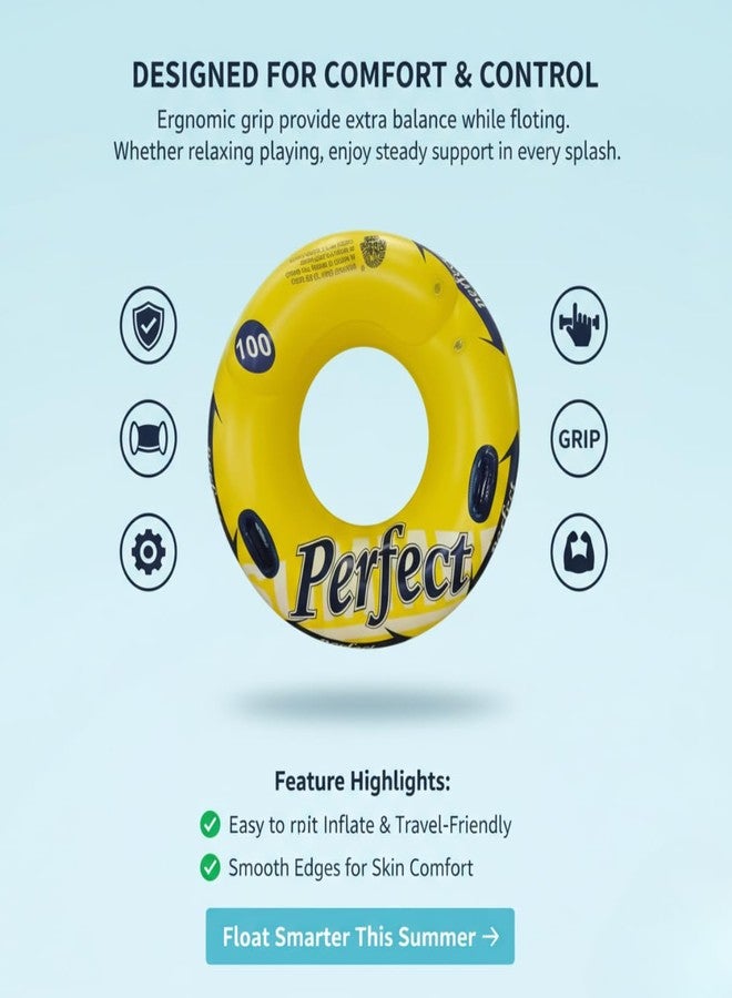 ARIDAM New Inflatable Swim Ring Pool Float 90CM with Two Handles - Yellow “Perfect” Design, Heavy-Duty PVC Water Float Tube for Adults & Kids, Beach, Pool & Summer Fun - Image 4
