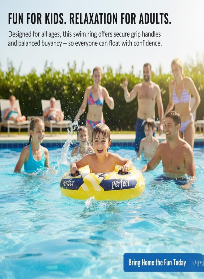 ARIDAM New Inflatable Swim Ring Pool Float 90CM with Two Handles - Yellow “Perfect” Design, Heavy-Duty PVC Water Float Tube for Adults & Kids, Beach, Pool & Summer Fun - Image 2