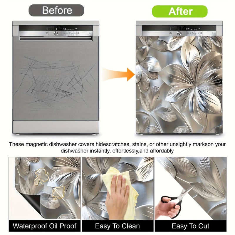Stainless Steel Brushed Flower Pattern Dishwasher Magnet Cover 23x26 Inch - Image 5
