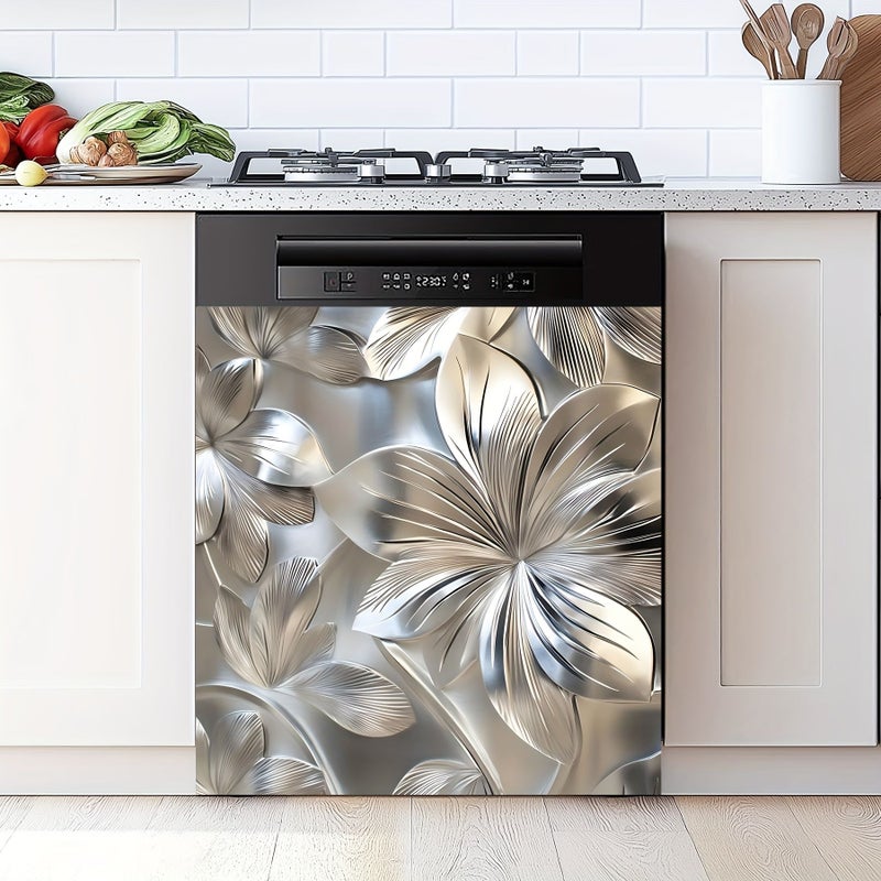 Stainless Steel Brushed Flower Pattern Dishwasher Magnet Cover 23x26 Inch - Image 1