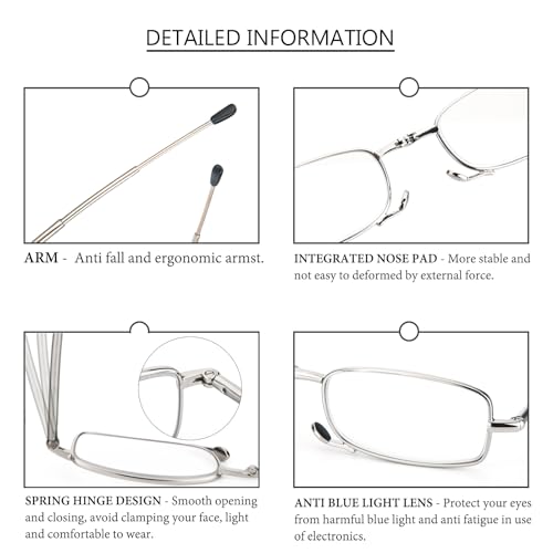 REAVEE 3 Pack Folding Reading Glasses with Keychain Compact Bags for Women Men, Blue Light Blocking Spring Hinge Portable Pocket Readers, Black Gold and Silver 1.5 - Image 3