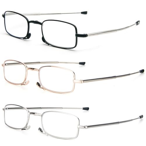 REAVEE 3 Pack Folding Reading Glasses with Keychain Compact Bags for Women Men, Blue Light Blocking Spring Hinge Portable Pocket Readers, Black Gold and Silver 1.5 - Image 2