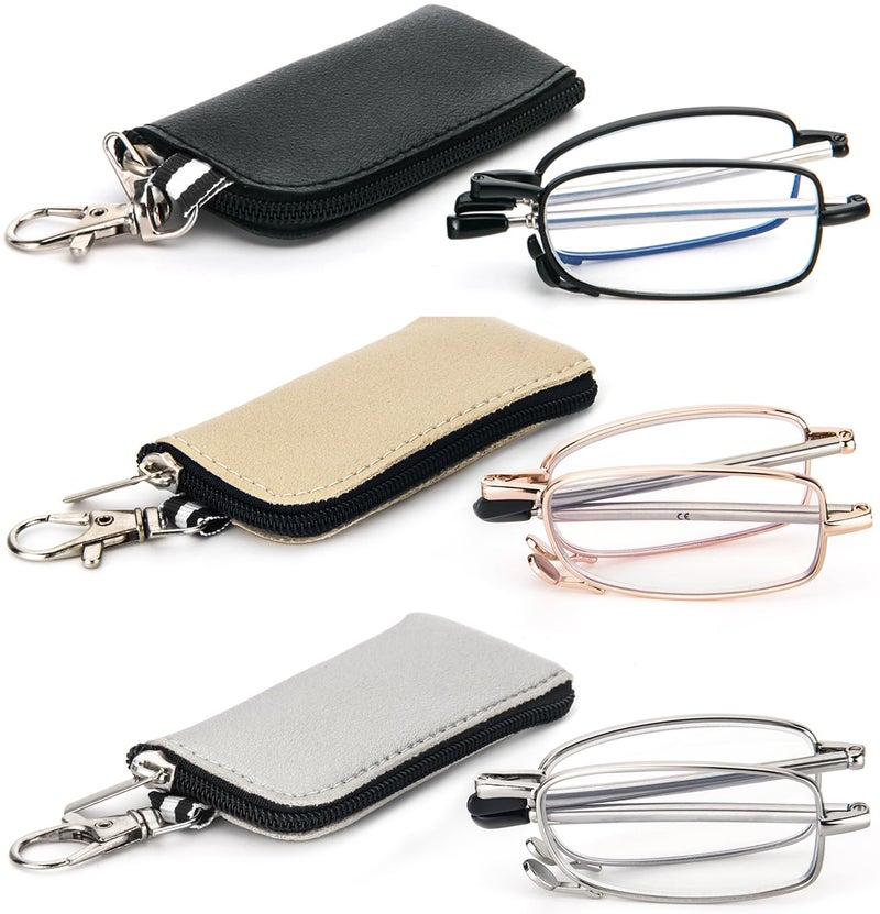 REAVEE 3 Pack Folding Reading Glasses with Keychain Compact Bags for Women Men, Blue Light Blocking Spring Hinge Portable Pocket Readers, Black Gold and Silver 1.5 - Image 1