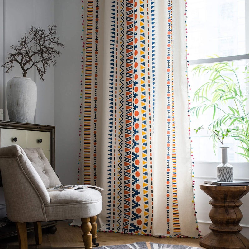 VOGOL Boho Curtains for Bedroom Farmhouse Geometric Pattern Cotton Linen Curtain with Pom Pom Tassels for Living Room Bedroom 59 x 63 Inches Rod Pocket MultiColor