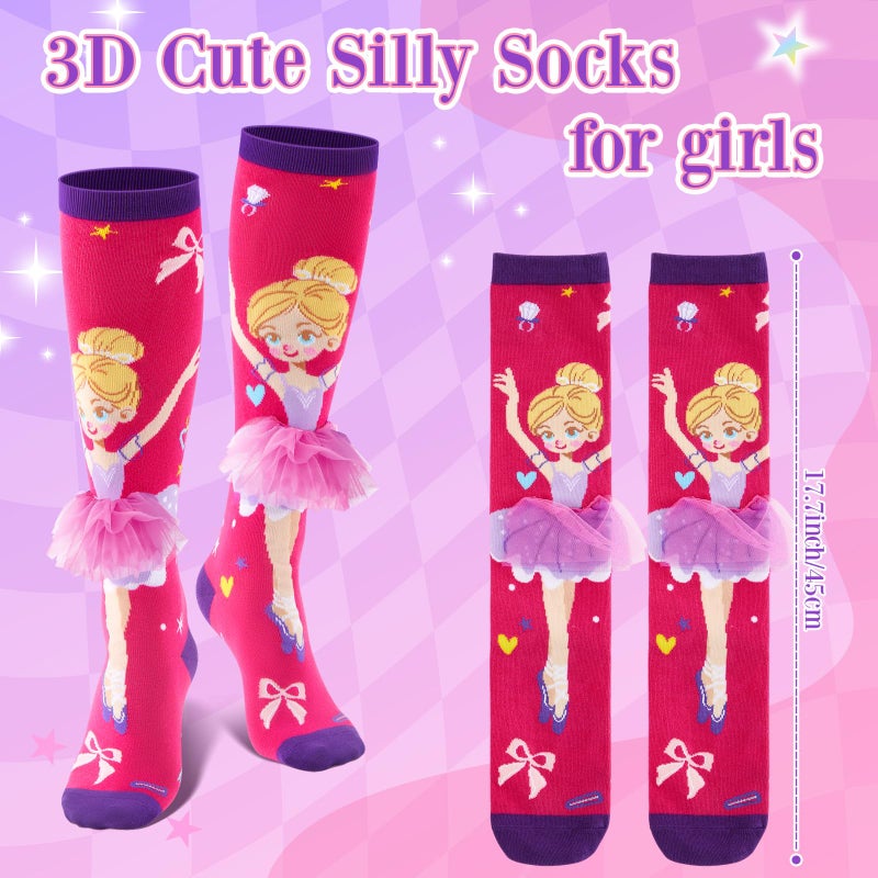 Yearntown 1 Pair Valentine Knee High Socks for Kids 3D Crazy Cute Socks Girl Ballet Skirt Long Knee Design Novelty Funny Gift(Pink) - Image 3