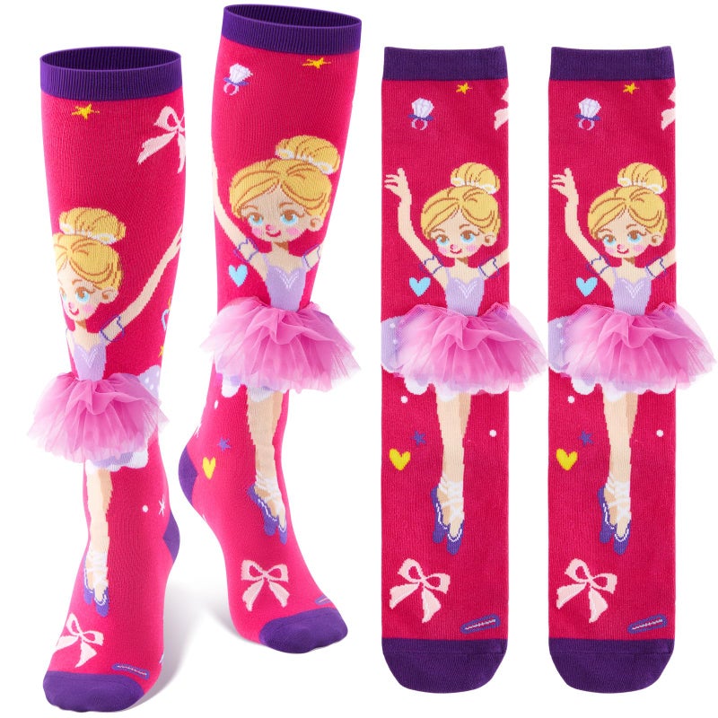 Yearntown 1 Pair Valentine Knee High Socks for Kids 3D Crazy Cute Socks Girl Ballet Skirt Long Knee Design Novelty Funny Gift(Pink) - Image 1