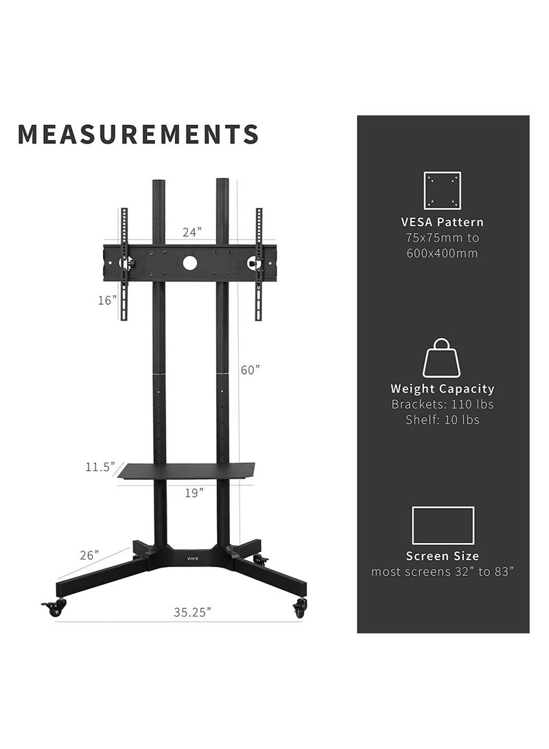 Black Rolling TV Cart for 32' to 65' LCD LED Plasma Flat Panel Screen | Mobile Stand with Wheels - Image 5