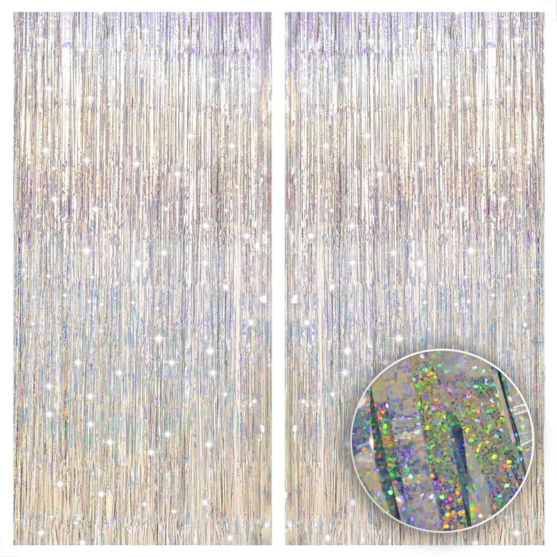 KatchOn Iridescent Silver Backdrop Curtain XtraLarge 32x8 Feet Pack of 2 Silver Fringe for Birthday Decor Bachelorette Birthday Engagement Christmas Decorations New Years Decorations 2026