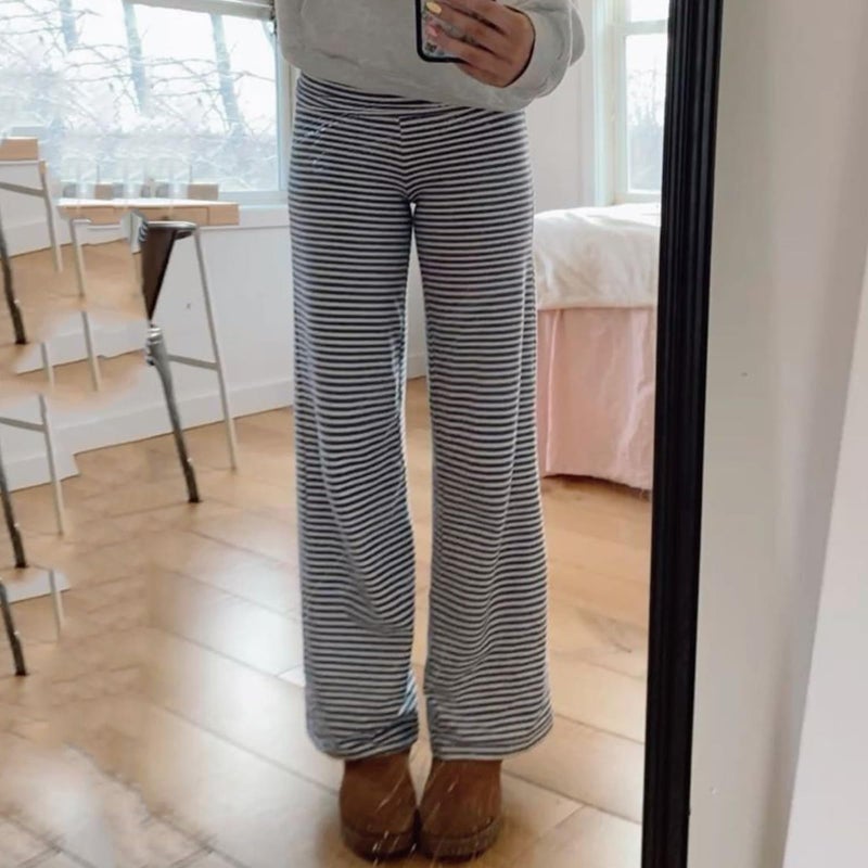 Yoawdats Fold Over Yoga Pants for Women Wide Leg Sweatpants Low Rise Flare Lounge Pant Bell Bottoms Y2K Foldover Pants (Striped h, S) - Image 3