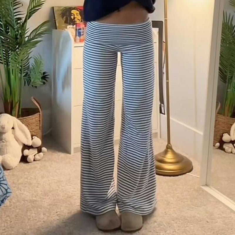 Yoawdats Fold Over Yoga Pants for Women Wide Leg Sweatpants Low Rise Flare Lounge Pant Bell Bottoms Y2K Foldover Pants (Striped h, S) - Image 2