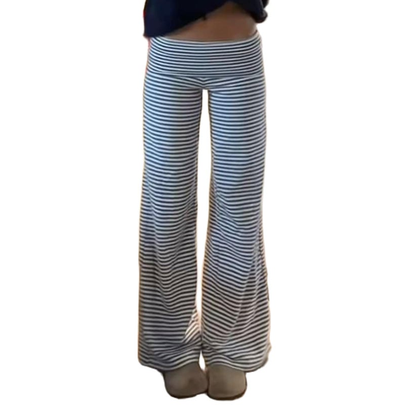 Yoawdats Fold Over Yoga Pants for Women Wide Leg Sweatpants Low Rise Flare Lounge Pant Bell Bottoms Y2K Foldover Pants (Striped h, S) - Image 1