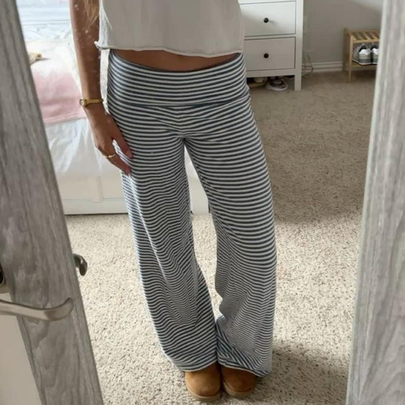 Yoawdats Fold Over Yoga Pants for Women Wide Leg Sweatpants Low Rise Flare Lounge Pant Bell Bottoms Y2K Foldover Pants (Striped h, S) - Image 4