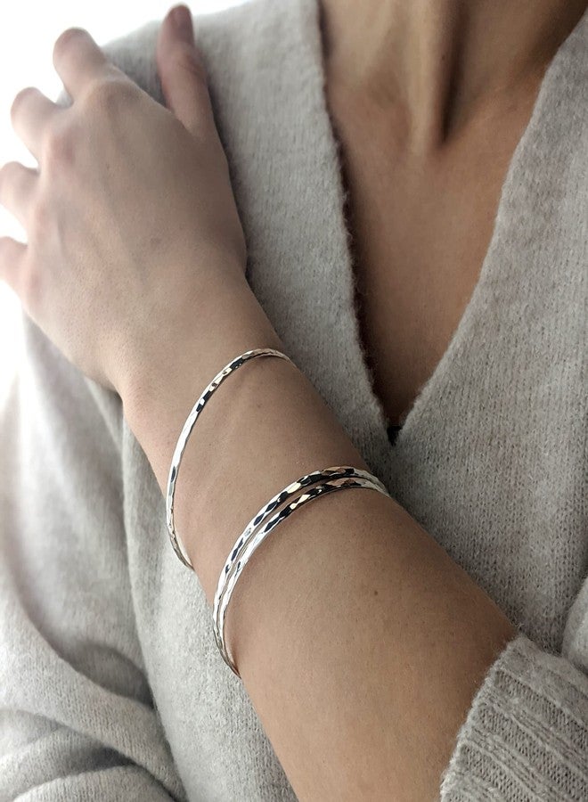 Silverly Round Stacking Sterling Silver Bangles for Women Solid 925 3mm - Hammered Jewelry for Women - Minimalist Thin Silver Bracelets - Image 4
