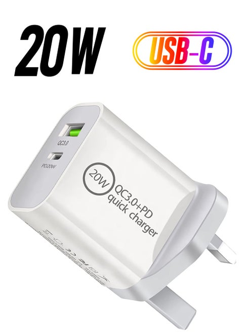 USB C 20W Fast PD Wall Charger, 3.0 Quick Charging Dual-Port Power Adapter Compatible with iPhon 14 Pro/14 Pro Max/13 mini/12/11, New iPd 9, iPd mini 6, Galaxy S20 - White