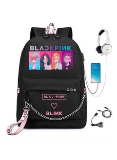 Backpack with USB headphone port, men's and women's backpack travel bag, Korea girl group Rose Lisa JISOO Jennie printed personality casual sports backpack