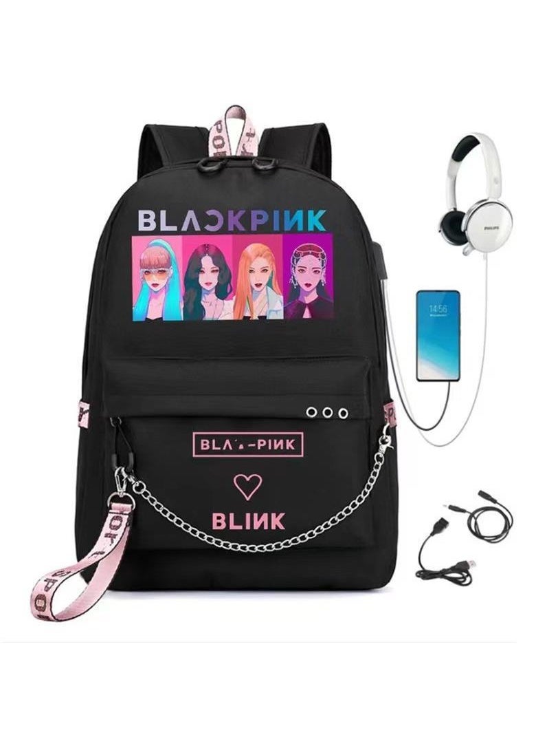 General - Backpack with USB headphone port, men's and women's backpack travel bag, Korea girl group Rose Lisa JISOO Jennie printed personality casual sports backpack - Image 1
