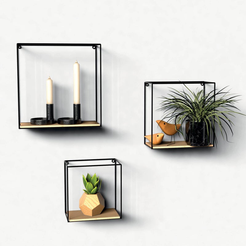 Gadgy Metalic  Wooden Floating Shelves 3 Piece Set Home Decoration Industrial Black Wall Shelf Wood for Kitchen  Bedroom