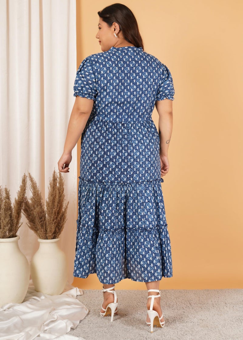 Indietoga Women's Plus Size Pure Cotton A-Line Tiered Maxi Dress (P10001558_ Blue Geometric Print_7XL) - Image 3