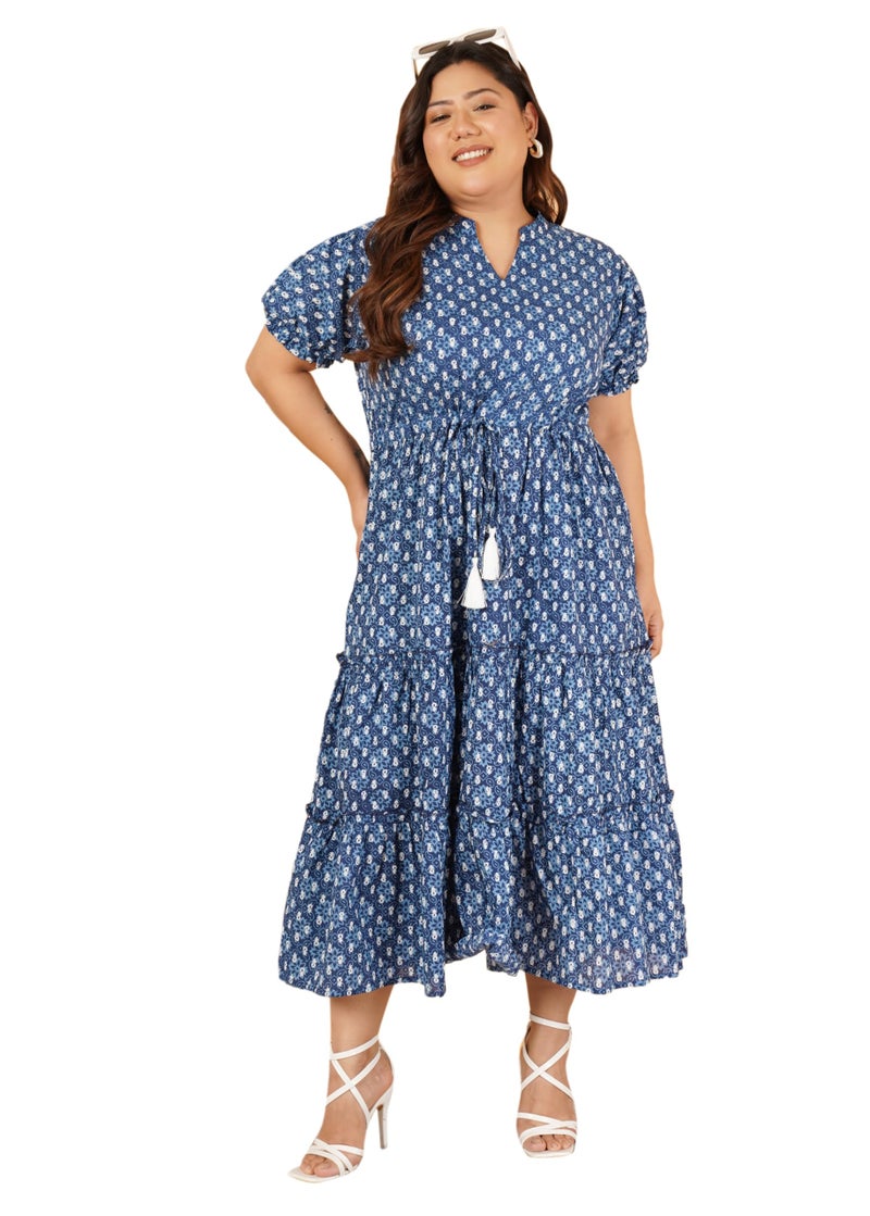 Indietoga Women's Plus Size Pure Cotton A-Line Tiered Maxi Dress (P10001558_ Blue Geometric Print_7XL) - Image 1