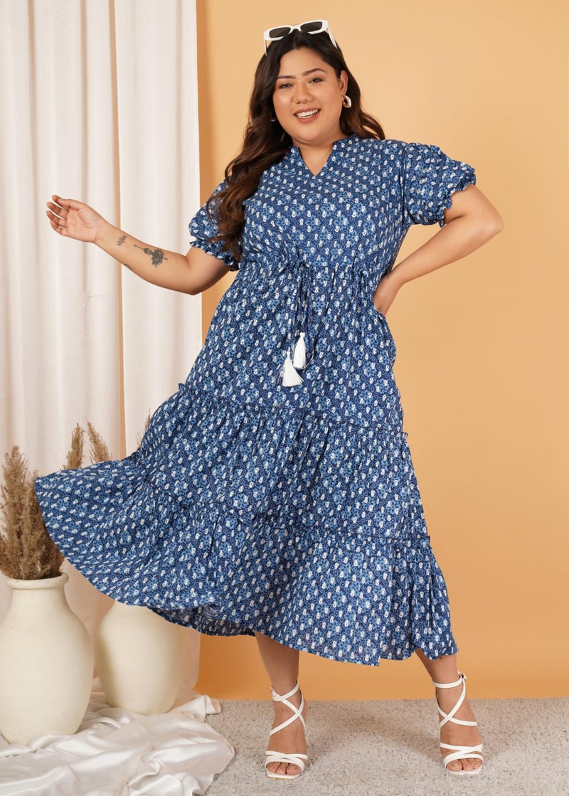 Indietoga Women's Plus Size Pure Cotton A-Line Tiered Maxi Dress (P10001558_ Blue Geometric Print_7XL) - Image 5