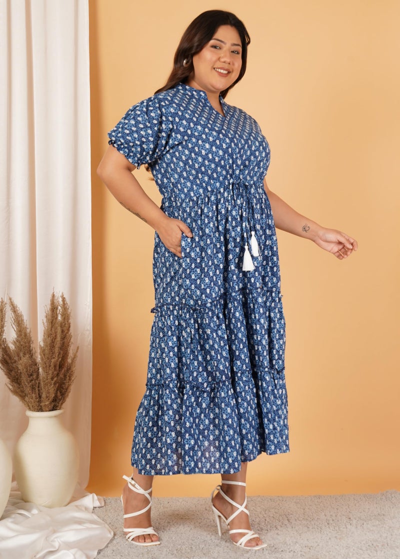 Indietoga Women's Plus Size Pure Cotton A-Line Tiered Maxi Dress (P10001558_ Blue Geometric Print_7XL) - Image 4