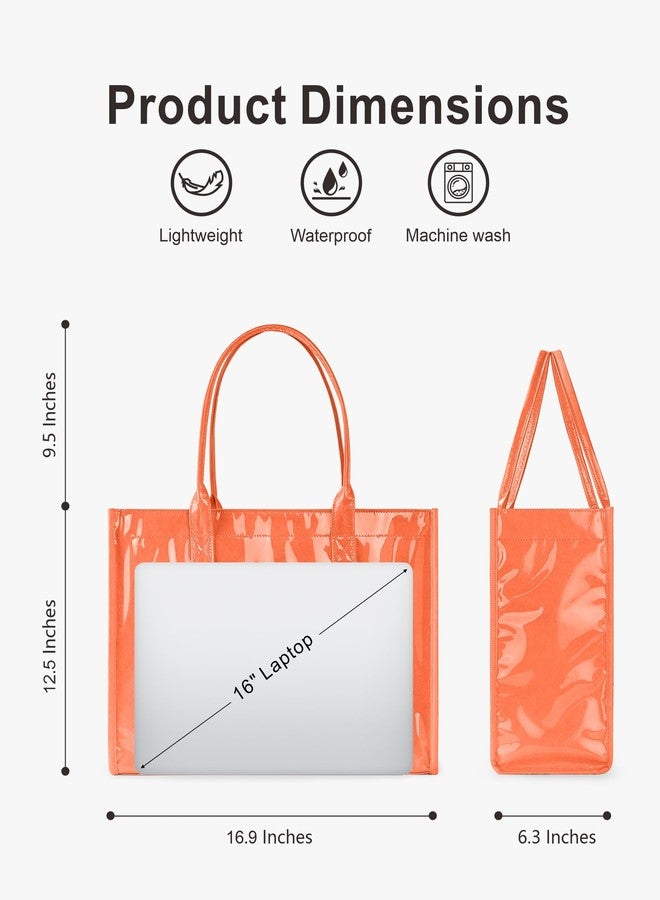 NPBAG Large PVC Tote Bag for Women, Kraft Paper Handbag Beach Tote with Letter Print, Top Handle Purse for Work Travel Shopping - Image 4