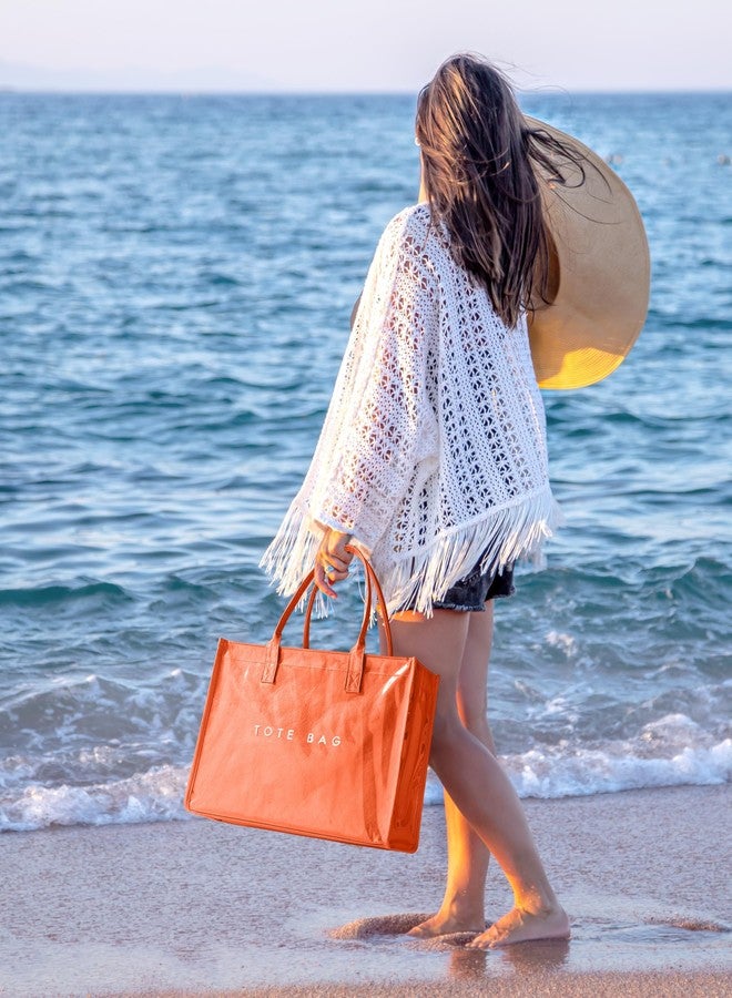 NPBAG Large PVC Tote Bag for Women, Kraft Paper Handbag Beach Tote with Letter Print, Top Handle Purse for Work Travel Shopping - Image 3