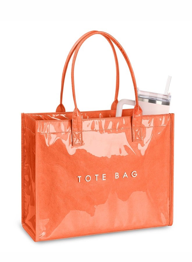 NPBAG Large PVC Tote Bag for Women, Kraft Paper Handbag Beach Tote with Letter Print, Top Handle Purse for Work Travel Shopping - Image 1