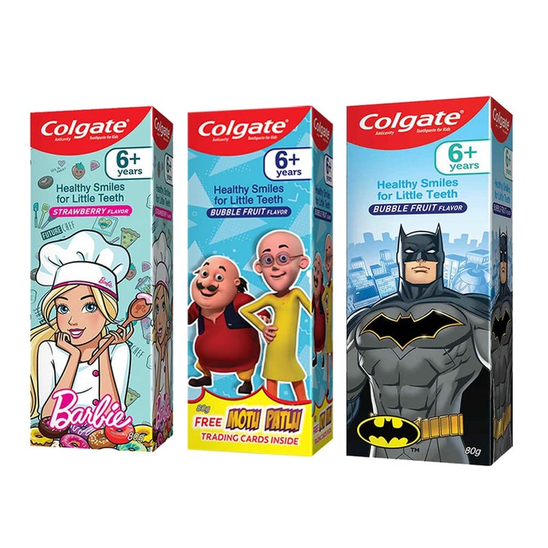 Colgate باقة متنوعة من منتجات العناية بالفم للأطفال من كولجيت (لمن هم فوق 6 سنوات) - معجون أسنان موتو-باتلو، باتمان (فاكهة الفقاعات) وباربي (فراولة) ، 80 جرام لكل منها - Image 1
