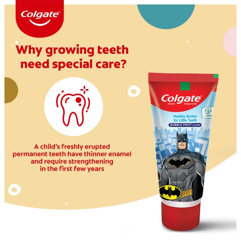 Colgate باقة متنوعة من منتجات العناية بالفم للأطفال من كولجيت (لمن هم فوق 6 سنوات) - معجون أسنان موتو-باتلو، باتمان (فاكهة الفقاعات) وباربي (فراولة) ، 80 جرام لكل منها - Image 3