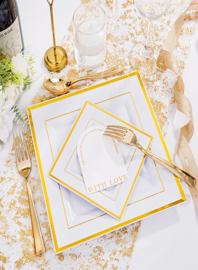 Liacere 100PCS White and Gold Square Plastic Plates-50PCS Heavy Duty 9.5inch White Dinner Plates and 50PCS 6inch White Dessert Plates - Gold Plastic Plates for Party & Christmas & New Year - Image 3