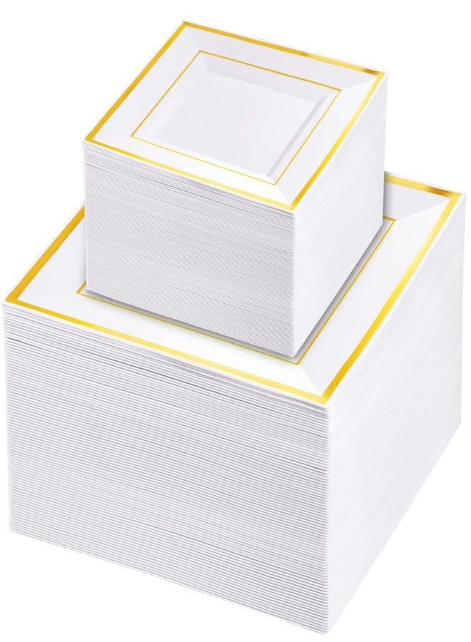 Liacere 100PCS White and Gold Square Plastic Plates-50PCS Heavy Duty 9.5inch White Dinner Plates and 50PCS 6inch White Dessert Plates - Gold Plastic Plates for Party & Christmas & New Year - Image 1