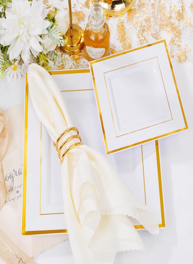 Liacere 100PCS White and Gold Square Plastic Plates-50PCS Heavy Duty 9.5inch White Dinner Plates and 50PCS 6inch White Dessert Plates - Gold Plastic Plates for Party & Christmas & New Year - Image 4
