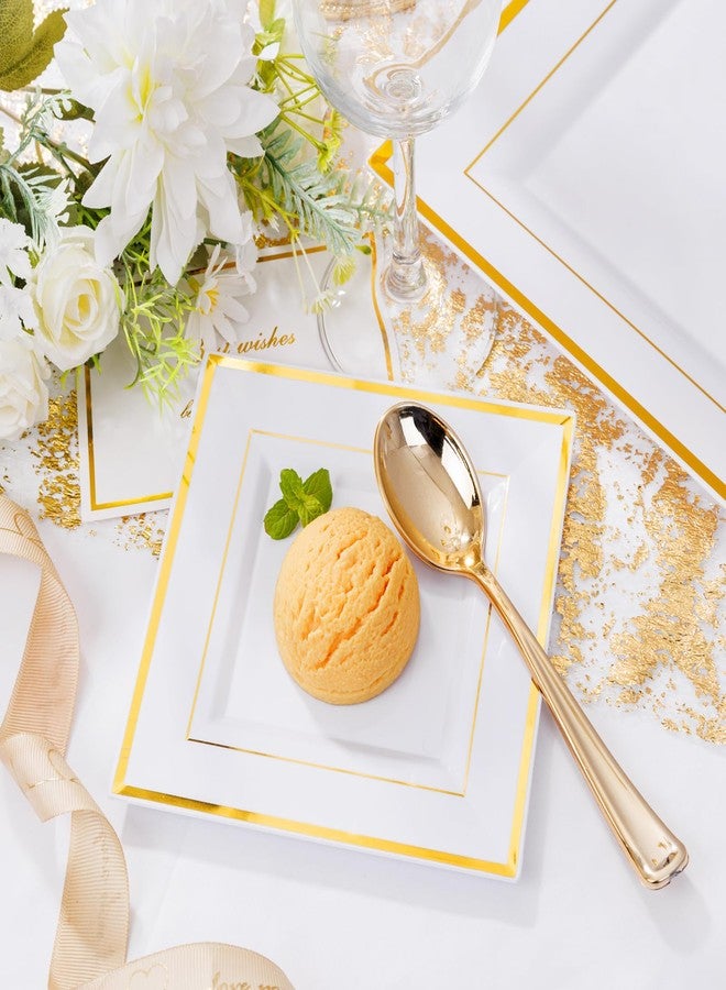 Liacere 100PCS White and Gold Square Plastic Plates-50PCS Heavy Duty 9.5inch White Dinner Plates and 50PCS 6inch White Dessert Plates - Gold Plastic Plates for Party & Christmas & New Year - Image 5