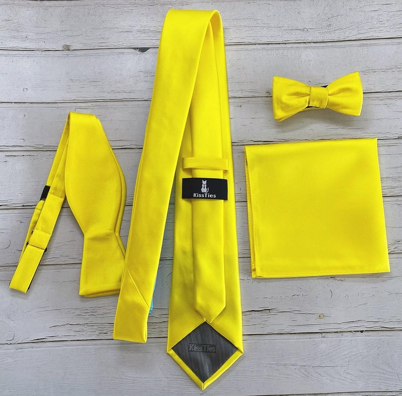 KissTies Boys' Bow Tie Bright Yellow Satin Bowtie For Kids Boys Bows + Gift Box - Image 2