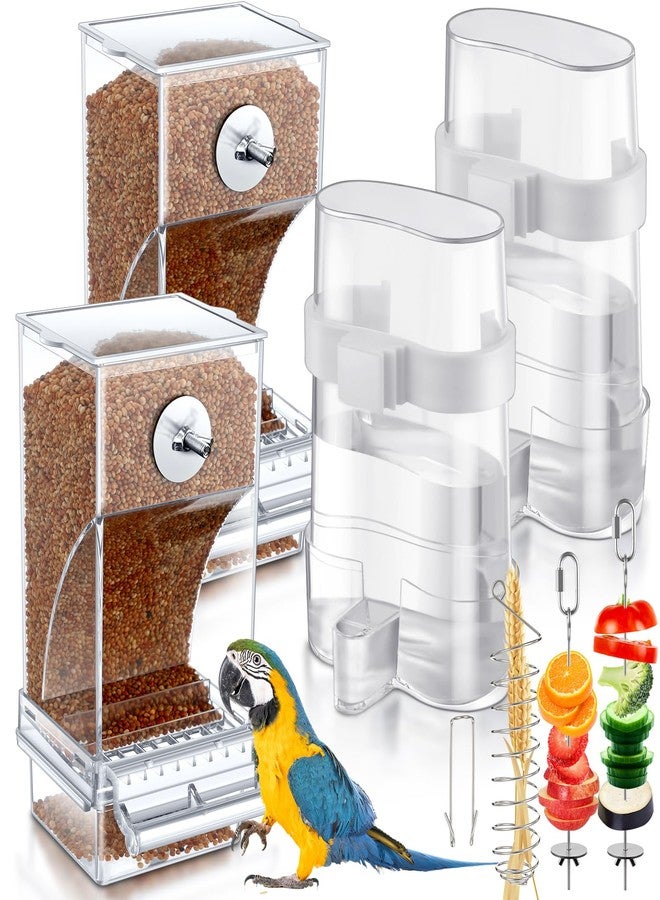 Jingmore 7 Pcs No Mess Bird Feeders Set Automatic Clear Parrot Feeder and Watered Dispenser Cage Accessories Stainless Steel Parrot Fruit Vegetable Skewer Foraging for Lovebirds Budgies Canary Finch - Image 1