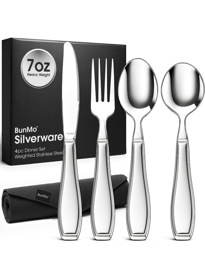 BUNMO Weighted Utensils for Tremors and Parkinsons Patients - Heavy Weight Silverware Set of Knife, Fork and Spoon - Adaptive Eating Flatware (4 Pieces) - Image 1
